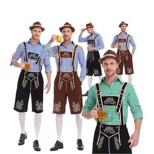 HP Traditional German Men's Oktoberfest Outfit Set Plaid Shirt Embroidered Overalls with <b>Hat</b> Performance Stage Wear - Product Image 1