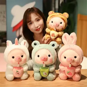 Mainan mewah babi Kawaii 25cm termurah dengan pakaian dan cangkir teh susu boneka binatang lembut boneka babi tahan bantal hadiah kreatif untuk anak-anak