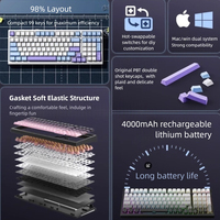 98% Gasket Mount Hot-swappable Switch USB-C Wireless Gaming Keyboard Mechanical PBT Keycaps 4000mAh Rechargeable Battery