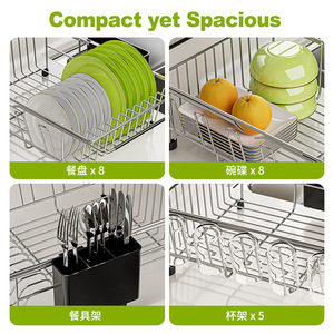 ชั้นวางจานแบบยืดหดได้สีดำมินิมอล พร้อมที่เก็บแก้ว แห้งเร็ว สำหรับวางบนเคาน์เตอร์ครัว ขนาดใหญ่ รูปทรงสี่เหลี่ยม - Product Image 3