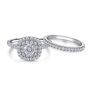 Trendy 925 Sterling <b>Silver</b> Zircon Center Stone Double Halo Double Row <b>Necklace</b>/Earrings/Ring <b>Set</b> for Anniversary Wedding Party - Product Image 2