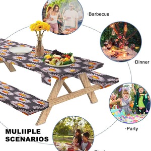 Couverture de Table de pique-nique avec couvertures de banc 3 pièces ensemble élastique ajusté Rectangle nappes en vinyle <span class=keywords><strong>toile</strong></span> <span class=keywords><strong>cirée</strong></span> imperméable pour l'<span class=keywords><strong>extérieur</strong></span> - Product Image 1