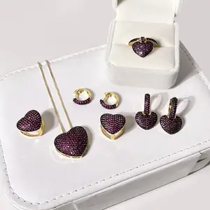 Full Pave Zirconia 5pcs Jewelry Sets, Heart Pendant Necklace, Earrings and Rings Gold Plated Jewelry Set for Women