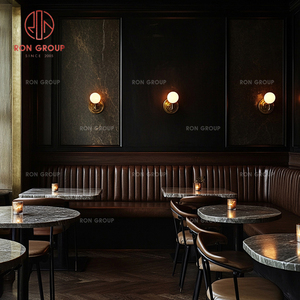 Set di Arredamento Vintage di Lusso, Sedute in Pelle, Tavolo Rotondo in Marmo, Sedie Imbottite per Ristorante, Bistrot, Hotel, Bar, Caffè - Product Image 5