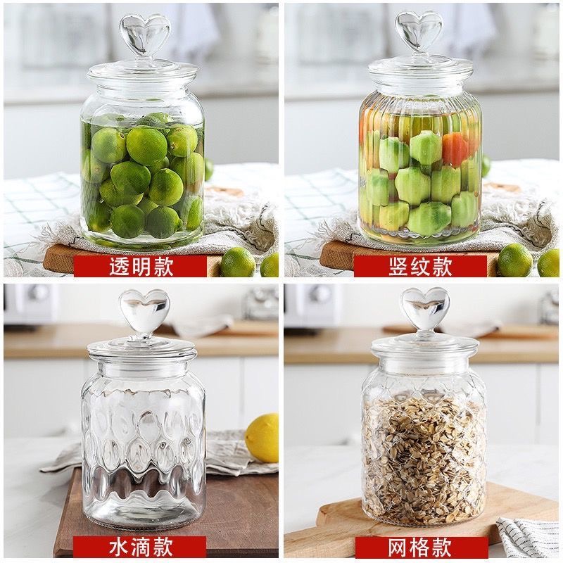 100~2000ml Love cover glass storage jar food-grade sealed jar kitchen grains storage bottle with lid size