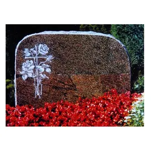 Kırmızı düz granit gül çiçek oyma kaba kenar mezar taşı