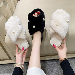 Pearl Cross Slippers Autumn PVC Casual Flat Slippers Keep Warm - Product Image 1
