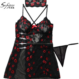 Sfy3656 Nieuwe Hete Rode Lippen Borduurwerk Sexy Korte Nachthemden Aantrekkelijke Kruisbandjes Backless Sexy Transparante Thuis Lingerie - Product Image 6