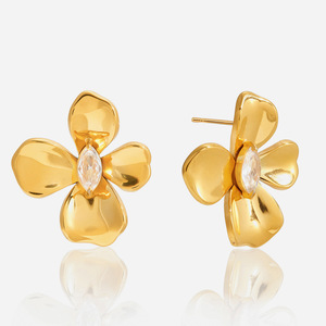 Flower <b>Stud</b> <b>Earrings</b> Gold Tone Zircon Bezel Setting Stainless Steel <b>Earrings</b> For Women Gift Jewelry Fashion Accessory - Product Image 1