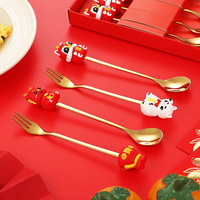 Ensemble cuillère et fourchette mascotte en acier inoxydable doré, cuillère à café, fourchette à fruits, coffret cadeau, vaisselle, logo personnalisé, vente en gros