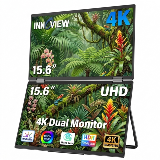 15.6 Inch 4K UHD Foldable Portable Dual Monitor 100 SRGB HDR 315 Degree Adjustment for Laptop Mac Office Multitasking