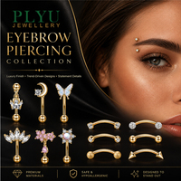 Barra curva de acero inoxidable vintage para piercing de ceja con perlas marquise, gemas en forma de sol y luna, y extremos de bola martillada y puntiagudos.