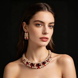 Brass Gold Plated Red Cubic Zirconia Imitation Pearl <b>Statement</b> <b>Necklace</b> Earrings Set for Women Engagement Wedding Gift - Product Image 1