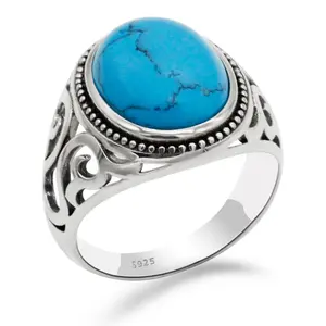 Turkish S925 Sterling Silver Turquoise Stone Men Ring for Men Jewelry