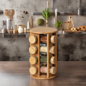 回転式ラウンドスクエアバンブーカウンタートップスパイスラック16個のガラス瓶と蓋バンブーウッドスパイスラック - Product Image 4