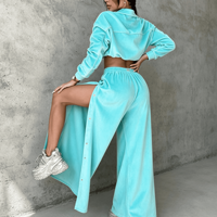 Ensemble décontracté pour femme : Sweat-shirt court Aqua personnalisé à demi-zip, pantalon large fendu sur le côté, boutons-pression, coupe décontractée