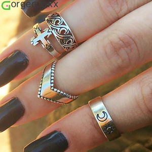 [Gorgeousxx] Juego de Anillos Únicos con Diseño de <span class=keywords><strong>Sol</strong></span> y Luna en Forma de Cruz Ondulada para Mujer, Joyería Geométrica Sencilla - Product Image 1