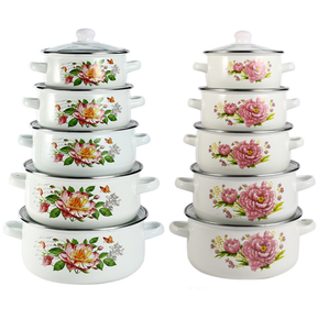 Marmite à soupe en émail à double anse avec couvercle en verre 16/18/<span class=keywords><strong>20</strong></span>/22/24 <span class=keywords><strong>CM</strong></span>, kit de cuisson en porcelaine émaillée motif fleur blanche - Product Image 1