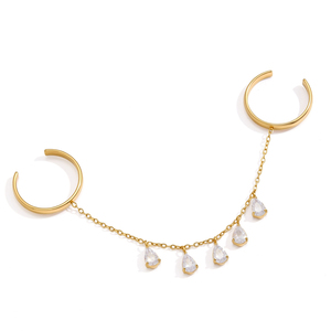 Anillo Doble Abierto con Borla de Cadena Única y Zirconia en Forma de Lágrima, Chapado en Oro de 18K sobre Acero Inoxidable, de J&D Jewelry para Mujer - Product Image 1