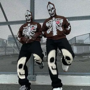 Xmas Y2K Skeleton Hoodies phụ nữ người đàn ông Gothic Đen Zip Up oversized Áo phụ nữ retro Harajuku Áo khoác trùm đầu Zip Up Hoodie