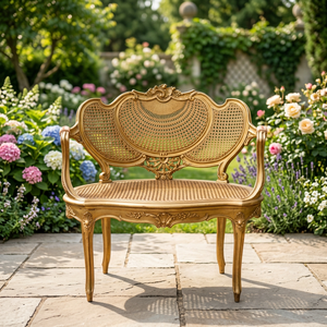 Silla de Ratán Curvado Estilo Vintage, Diseño de Mimbre en Tono Dorado, Respaldo Tapizado Estilo Queen Anne, Asiento Acolchado de Espuma y Algodón, Patas de Madera - Product Image 6