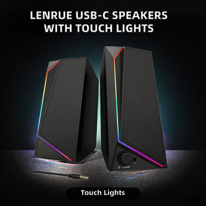 Haut-parleurs d'ordinateur LENRUE, alimentés par USB/USB-C, son stéréo, commandes tactiles, lumières, bouton de volume rotatif, prise casque 3,5 mm, adaptateur - Product Image 2