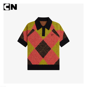 Suéter con Certificación BSCI, Fabricante de Suéteres, Logotipo Personalizado, Suéter Polo de Punto de Verano para Mujer, de Lana de Alpaca Cepillada, Manga Corta, Diseño Argyle - Product Image 2