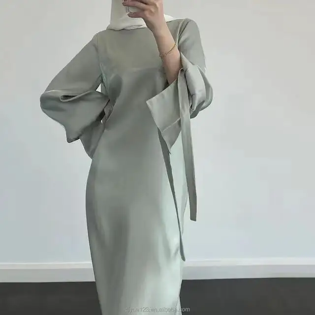 Özelleştirilmiş ayak bileği uzunluğu elbise düz renk mütevazı Telekung Kebaya malezya Shining mah parlayan moda Abaya