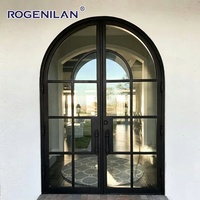 Puerta Francesa Arqueada de Doble Vidrio Personalizada Rogenilan, Puerta Exterior Doble de Aluminio con Acristalamiento Low-E y Rejillas