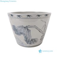 Pot Tanaman Keramik Motif Bunga Teratai Daun Besar Biru Putih Tradisional Cina RZSX102-I