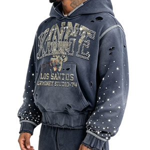 Fabricante de Sudaderas con Capucha Oversize de Estilo Urbano, con Letras de Pedrería, Efecto Desgastado, de Gramaje Pesado y Lavado Vintage, para Venta al por Mayor - Product Image 2