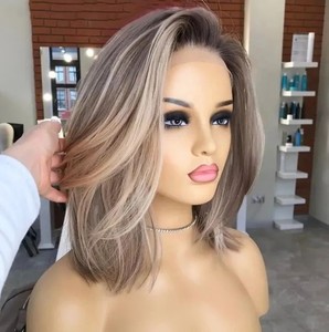 Peluca de Cabello con Clip, Color Rubio Ceniza con Reflejos, Corte <span class=keywords><strong>Bob</strong></span> Corto, Cabello Virgen Ruso con Cutícula Alineada, Pelucas con Frente de Encaje Transparente para Mujeres Blancas - Product Image 1