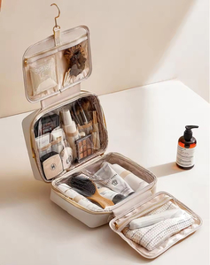 Luxury PU Leather Hanging <b>Makeup</b> <b>Bag</b> 4 <b>Compartments</b> Waterproof Travel Toiletry <b>Bag</b> <b>with</b> Handle - Product Image 5