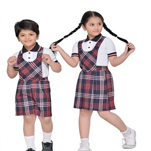 Ensemble robe et chemise en coton tissé pour écoliers, garçons et filles, motif à carreaux, couleurs beige et marron - Product Image 3