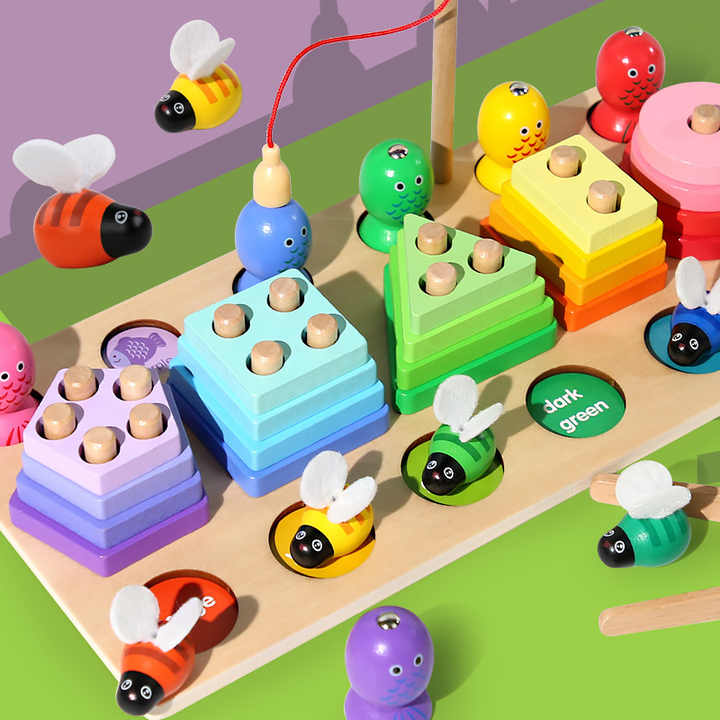 Wooden Geometric Sorting Board Toys 3 in 1 Shape Matching Fishing Fruits Cutting Game Stacking Block Jigsaw Puzzle Games