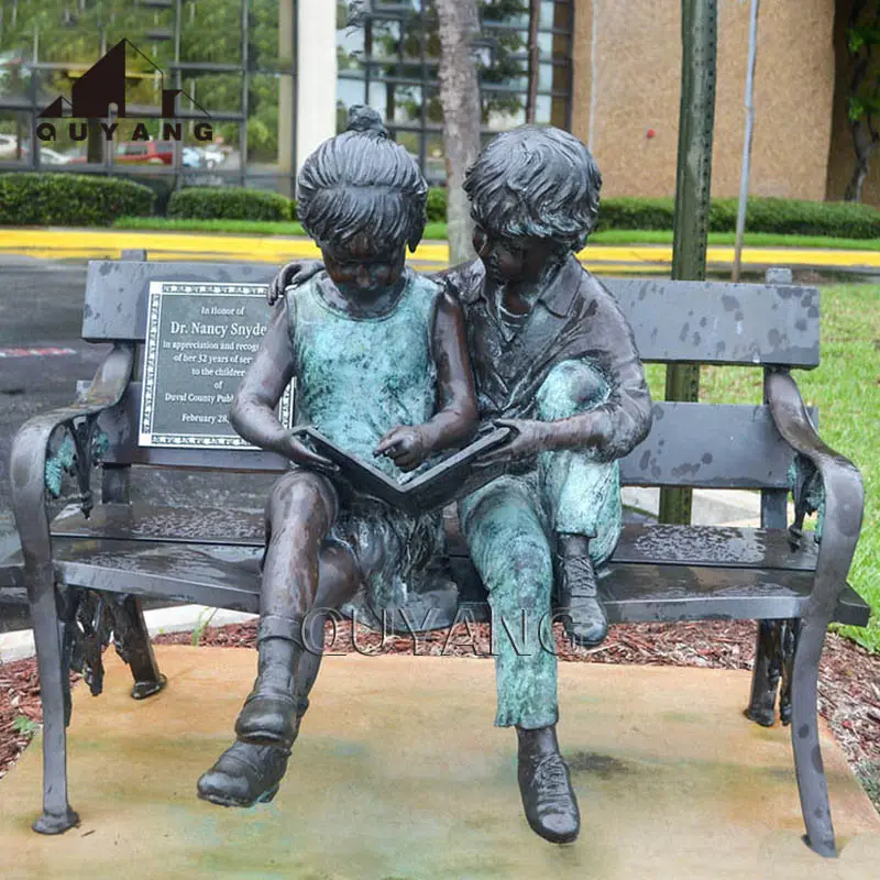 Садовый декор QUYANG, Металлическая Детская статуя, бронзовая скульптура в натуральную величину для девочек и мальчиков, скамейка для чтения и книг