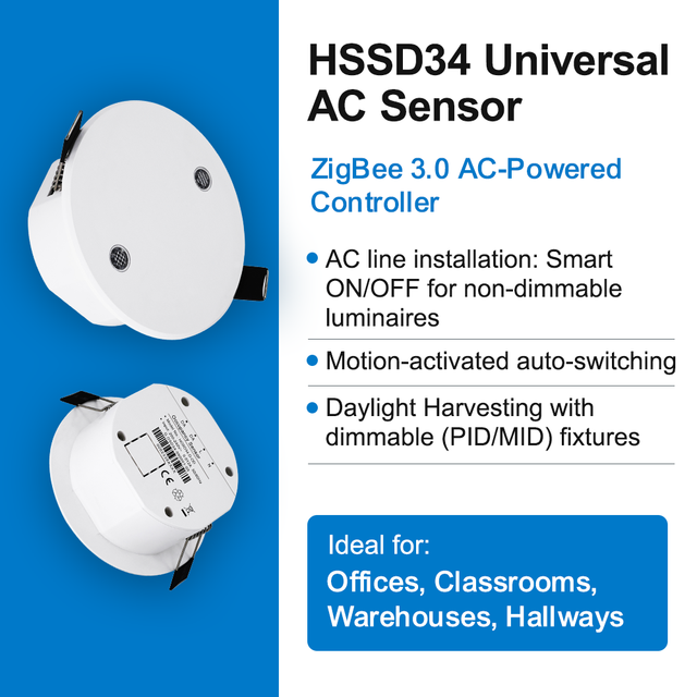 Amelech ZigBee 3.0 PIR Motion Sensor HSSD34 Daylight Harvesting for Office Warehouse Lighting Non-Dimmable Fixtures 5-Year