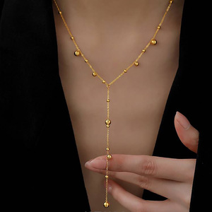 Collar de cadena de cuentas con flecos largos chapado en oro de 18 quilates, COLLAR COLGANTE con flecos redondos de acero inoxidable para mujer