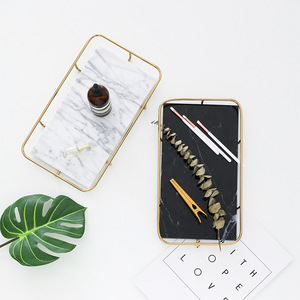 Venta al por mayor de lujo de estilo europeo de metal plano bandeja de almacenamiento de mármol natural creativo borde dorado diseño Art <span class=keywords><strong>Deco</strong></span> para la exhibición de la joyería - Product Image 2