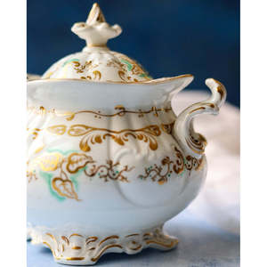 Porcelain <b>Sugar</b> <b>Bowl</b> with Hand-painted Gold and Green Decoration 15x17 cm High - Product Image 5