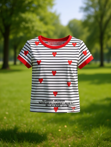 T-Shirt a Righe con Cuore per Ragazze, Colletto Rosso, Tessuto Morbido, Manica Corta, Vestibilità Regolare, Primavera-Estate, Prodotto in Messico, Taglie S-XXXL - Product Image 2