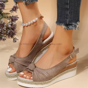 Quality Straw Woven Platform Sole Peep-toe <b>Bow</b> Ties Wedge High Heel <b>Sandals</b> for Women With Ankle - Product Image 1