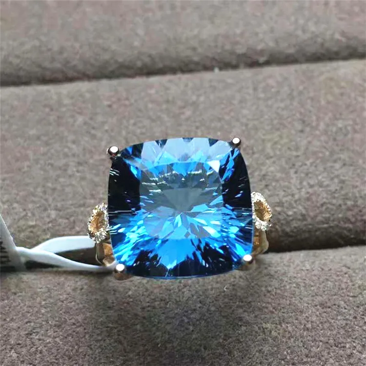 Wholesale Natural Gem Stone Fine Jewelry 18k Gold 9.9ct Natural Blue Topaz Ring For Women