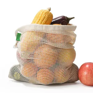 定制可重复使用的有机棉拉绳袋网状洋葱袋水果食品杂货蔬菜带标志图案
