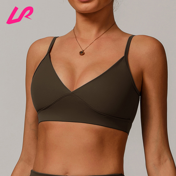 OEM Custom Logo Women Gym Activewear Blank V Neck Crop Top Low Back Adjustable Strap Fitness Top Four Way Stretch Sports Bra