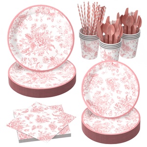 Set di Decorazioni <span class=keywords><strong>per</strong></span> <span class=keywords><strong>Feste</strong></span> in Stile Cinese Rosa e Bianco, Piatti e Tovaglioli con Motivo Floreale Rosa - Product Image 1
