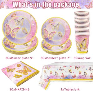 Artículos Desechables para Fiestas, Platos de Papel con Diseño de Mariposas, Vasos de Papel, Decoración para Fiestas de Cumpleaños de Niñas - Product Image 3