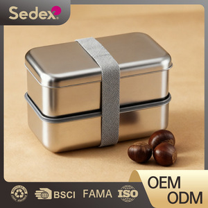 304 Stainless Steel <b>Lunch</b> <b>Box</b> Double Layer With Strap Dishwasher Safe Rectangle Shape Solid Color Lid - Product Image 5
