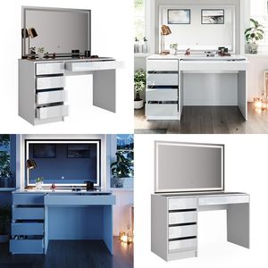 Table de toilette moderne blanche avec miroir LED, tiroirs de rangement, bois, table de maquillage pour chambre à coucher avec miroir éclairé - Product Image 3