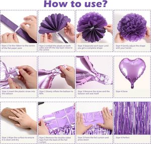 Ballons de fête d'<span class=keywords><strong>anniversaire</strong></span> blancs et violets pour femmes et filles, bannière <span class=keywords><strong>Joyeux</strong></span> <span class=keywords><strong>Anniversaire</strong></span>, rideaux à franges en aluminium, ballons, pompons en papier de soie - Product Image 4